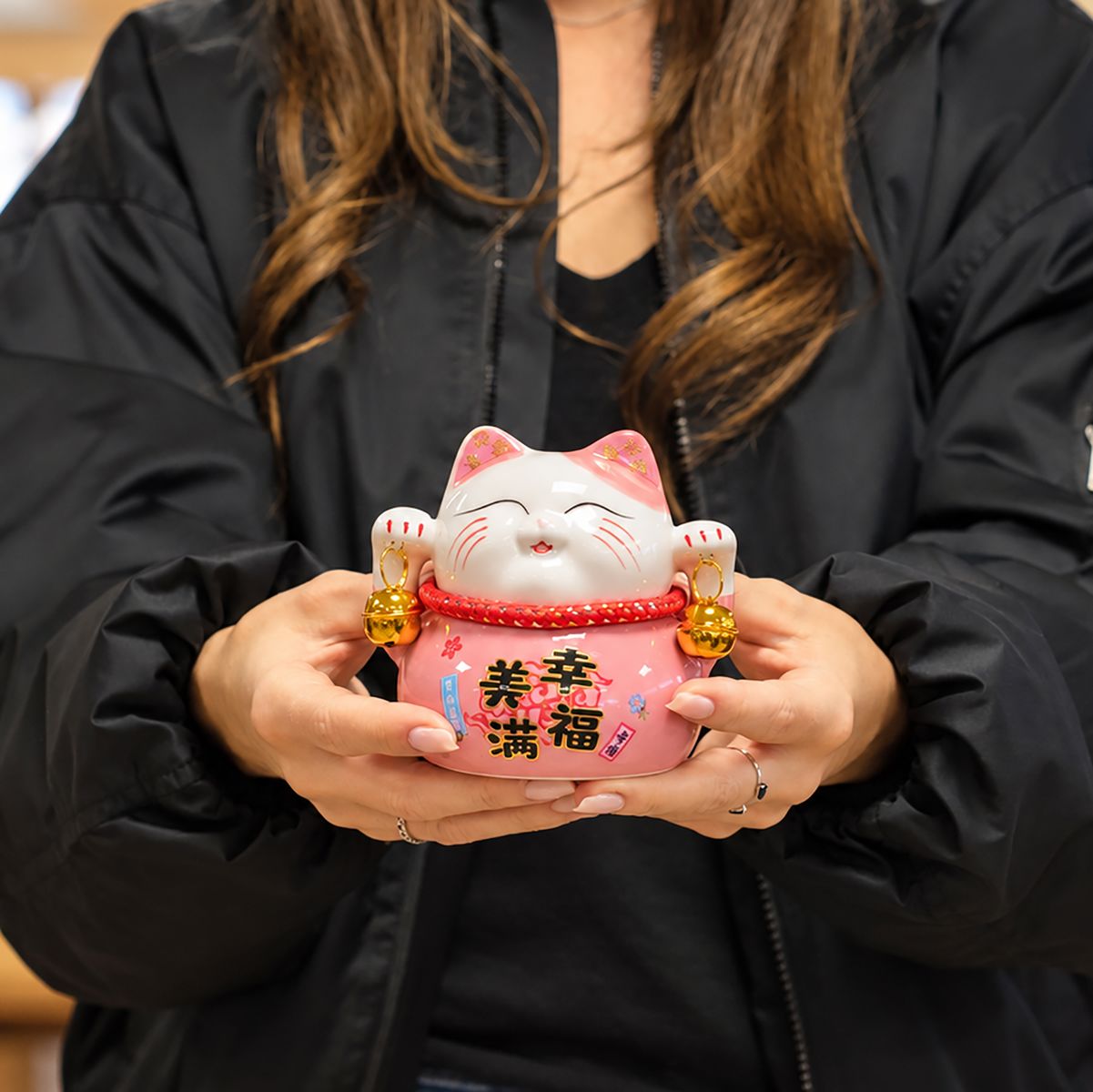 Ceramic Money Cat Bank on Cushion – Pink