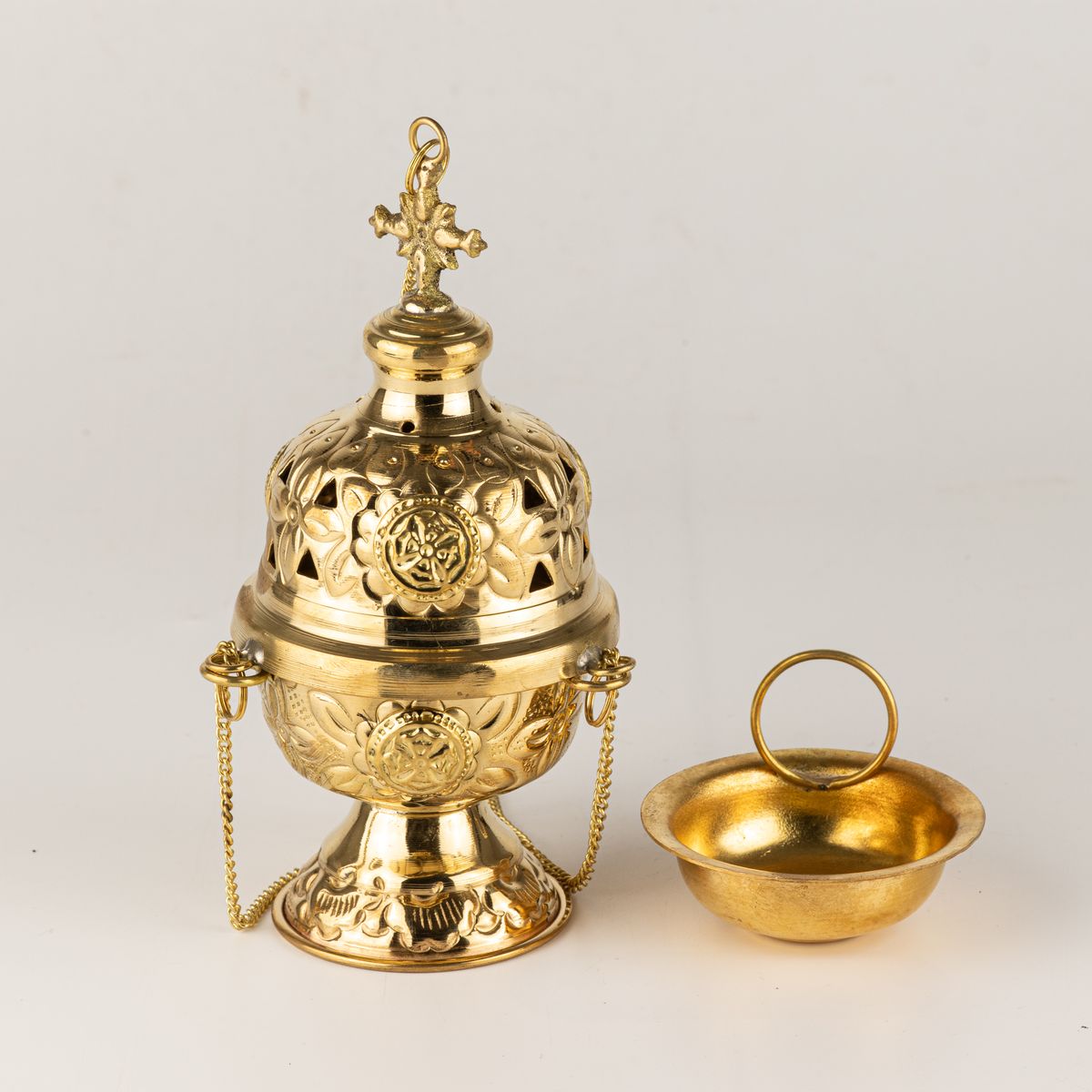 Hanging Brass Incense Burner – Engraved with Cross Finial