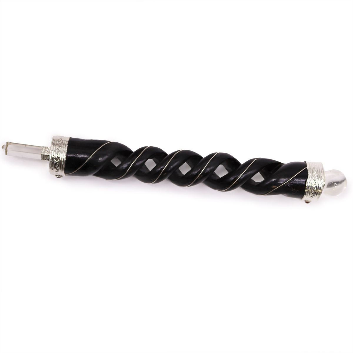 Spiral Carved Wooden Wand with Clear Quartz