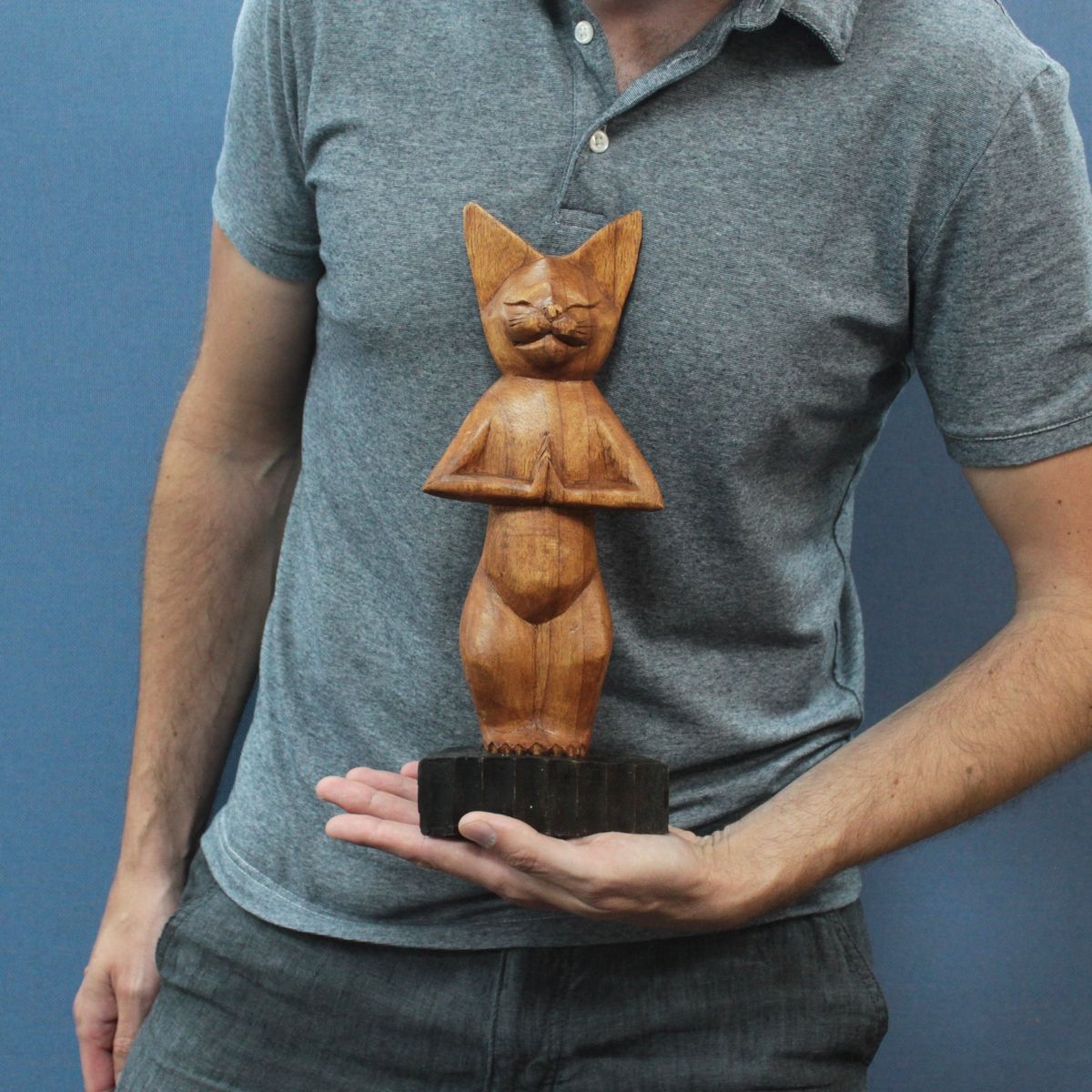 Hand-Carved Wooden Yoga Cat – Standing