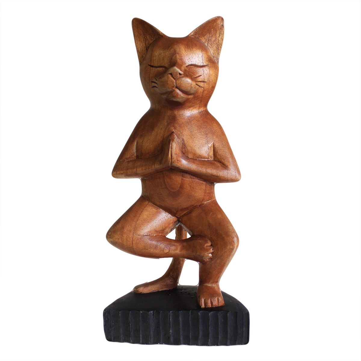 Hand-Carved Wooden Yoga Cat – One Leg