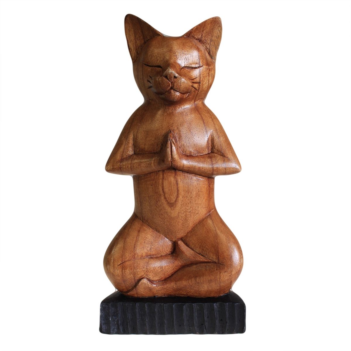 Hand-Carved Wooden Yoga Cat – Lotus