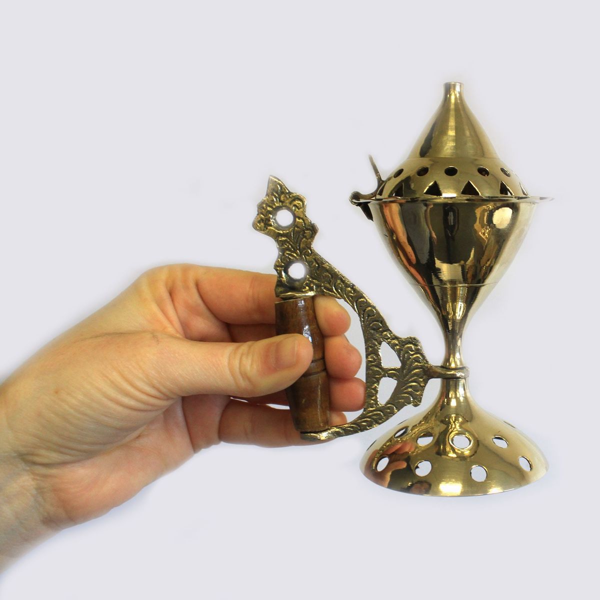 Large Brass Cone Incense Burner with Handle