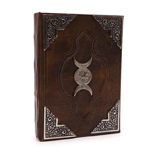 Hefty Leather Book – Brown Tan, Zinc Triple Moon, 26 x 18cm
