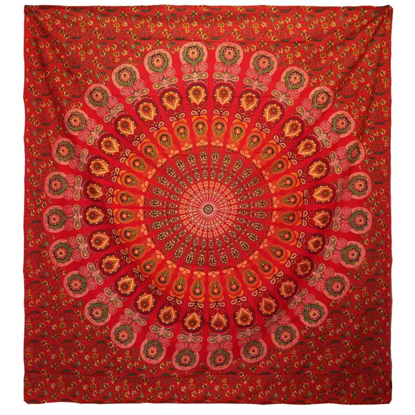 Double Cotton Bedspread & Wall Hanging – Peacock Mandala, Red