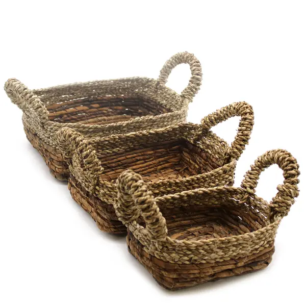 Banana Leaf & Seagrass Square Baskets – Set of 3