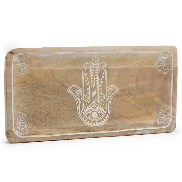 Mango Wood Long Tray – Whitewash Hamsa, 30 x 15cm