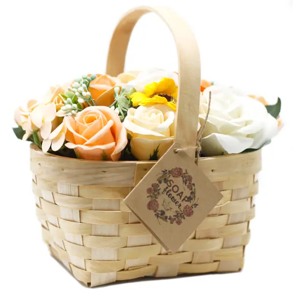 Soap Flower Bouquet in Wicker Basket – Orange, Large
